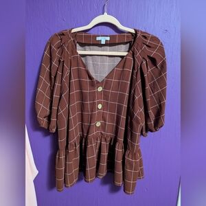 74. LC Lauren Conrad Brown Pink Babydoll Short Balloon Short Sleeve Blouse